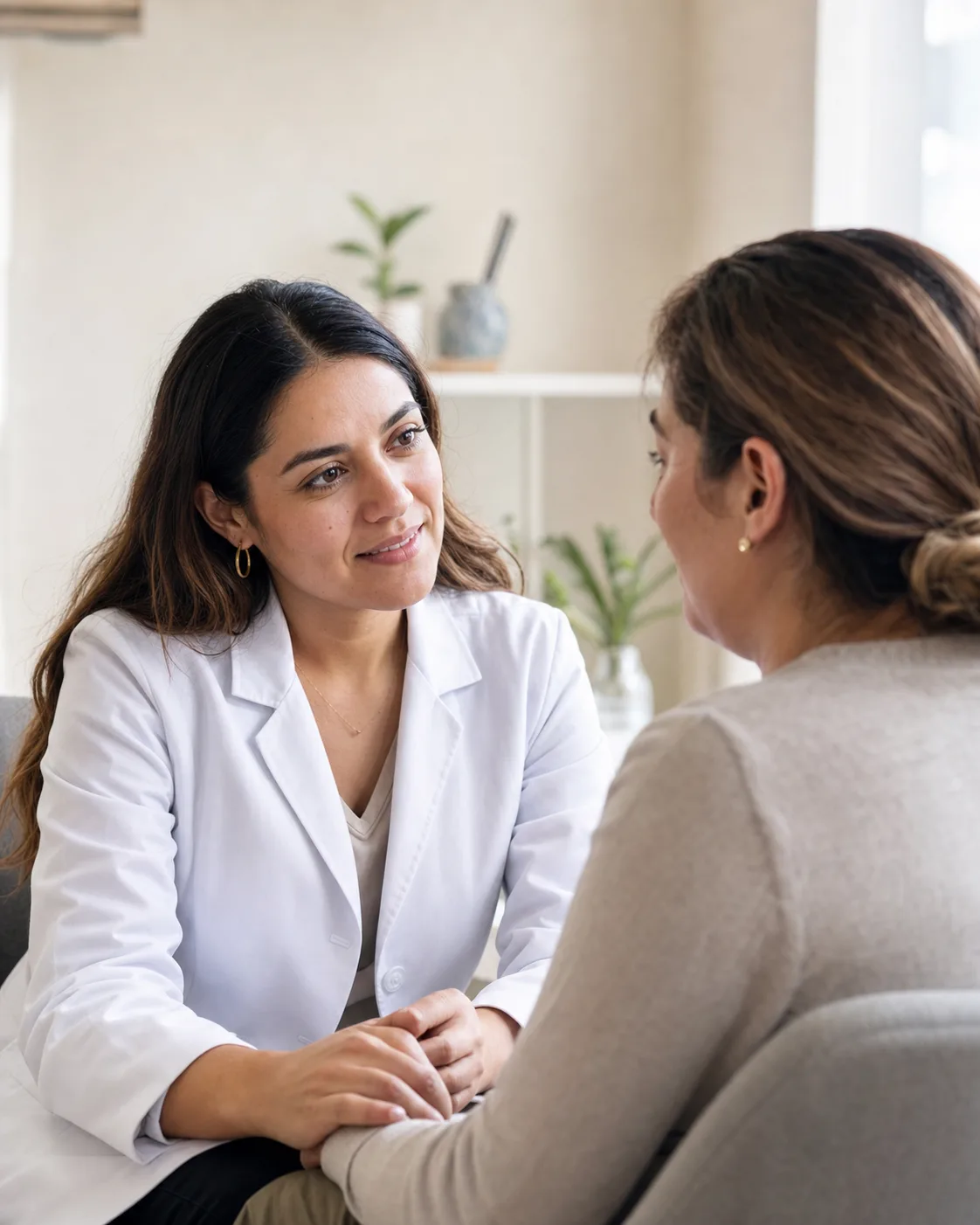 Profesional clínico conversando con una paciente durante una consulta